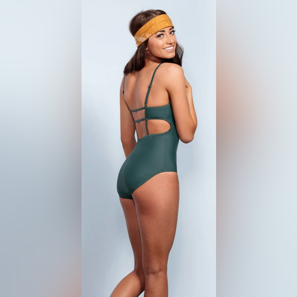 Brand New DM Fashion High Neck Square Back Jasper Green One-Piece Swimsuit M
